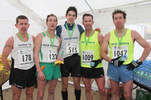 The first five home in the Hope & Dream 10 Mile on Sunday. l-r: Jason O'Connor (fourth), Tommy McElwaine (second), Tom Hogan (winner), Martin 'Farmer' Monaghan (third) and Colin Cooper (fifth). Pic: John Walsh
