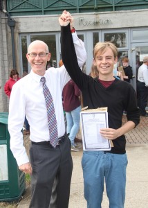 Gorey Community School Principal, Michael Finn, congratulates Mark Berney who was the only student in the country to get 9 AIs in the 2013 Leaving Certioficate.