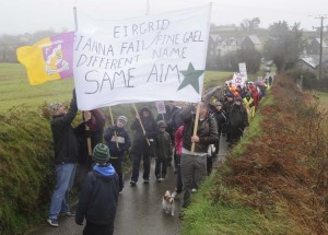 Protesters brave the elements during stormy conditions at the national pylon protest in Vinegar Hill. Pic: Jim Campbell
