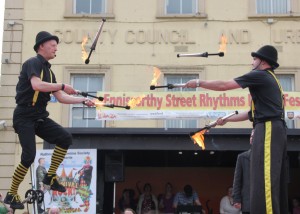 Babcock and Bobbins thrill the croud with their fire throwing act at the Enniscorthy Street Rhythms Dance Festival. Pic: Christy Farrell