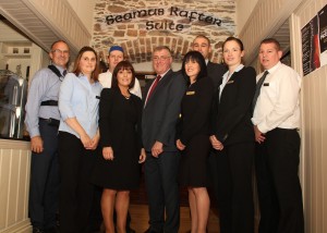 Jim Maher (General Manager) and staff in a happy mood at the Riverside Park Hotel, Enniscorthy. Pic: Christy Farrell.