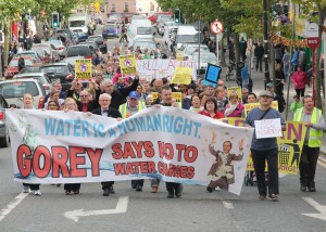 The scene in Gorey last Saturday where 300 anti-water charges protesters took to the Main Street. An even bigger turnout is expected tomorrow for the National Day of protest. Pic: Christy Farrell.