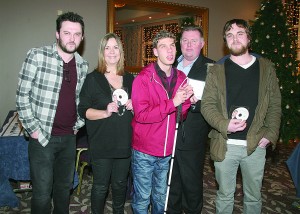Launch of Evan Keville's CD 'Can't Hold Us' in aid of St. Patrick's Special School held in the Riverside Park Hotel. l-r: Stephen Young (special gueast), Catriona Redmond (teacher), Evan Keville, Lee Rogers (principal) and Brendan Carty (Orchard Recording Studio). Pic: John Walsh