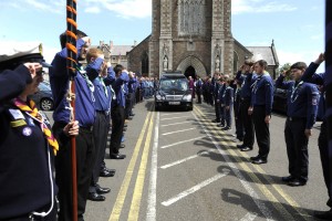Sea Scouts performed a guard of honour at the funeral of their skipper, the late Joe Thomas in Bride Street Church. Pic: Jim Campbell