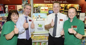 Mary Corish, Sean Grant, Alan Murphy and Denise Doyle give the thumbs up as Murphy's SuperValu sold the winning ticket of the 2.5 million euro lotto jackpot. Pic: Jim Campbell