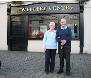 Myra and Jim Kinsella outside their jewelley shop in the Market Square. Pic: John Walsh