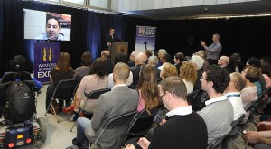 Walter O'Brien addressing the attendance via video link during the Wexford Business Expo 2015 in the Wexford County Council Buildings. Pic: Jim Campbell