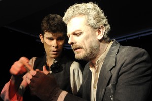 Tiernan Messit as Kineaste Grown and Michael Conway as Grigri Foals in 'Ghost Radio' in Fusion Cafe. Pic: Jim Campbell
