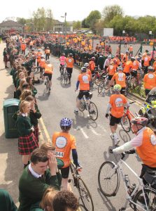 A great welcome awaited the cyclists at the Gorey Community School. Pic: Christy Farrell
