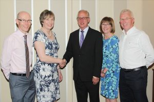 Pictured celebrating the retirement of two teachers from the Gorey Community School at the special occasion in the Amber Springs Hotel are Principal, Michael Finn, retiring teachers, Lucy Power and Vincent Browne with Deputy Principal, Stella Kehoe and Deputy Principal, Frank Duke.