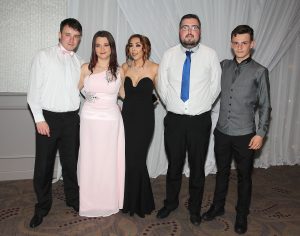 Colm Duggan, Britney Purcell, Asha Hussein, Dylan Roche and Kody Purcell pictured at the New Ross Slimming World Gala Ball in the Brandon House Hotel. Pic: John Walsh