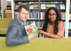 Cllr. Malcolm Byrne is pictured with the author of 'The Lost Creature' Senuri Wickramaratne at the book launch in the Gorey Library. Pic: Christy Farrell