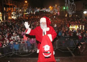 Santa showed up to a jam packed Gorey Main St. to switch on the Christmas lights. Pic: Christy Farrell